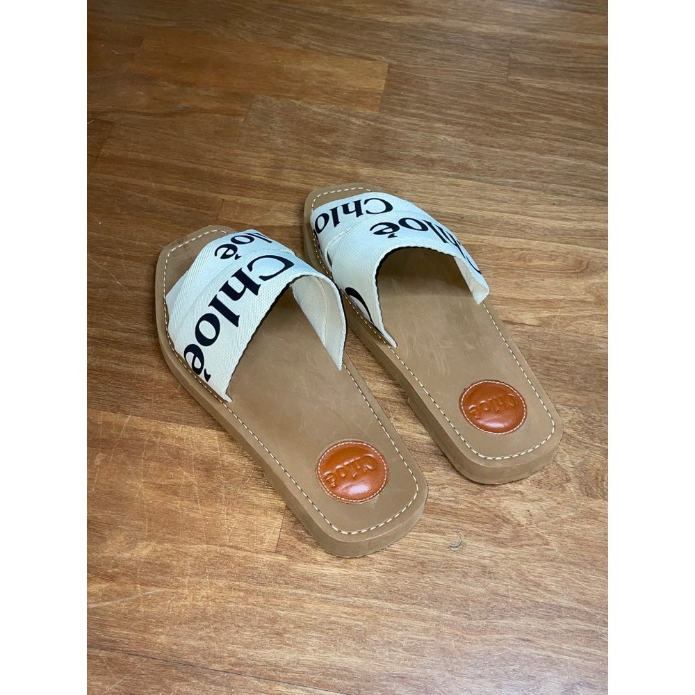 Chloé Brown Leather Slide Sandals with Cream Logo Straps - Picture 8 of 15